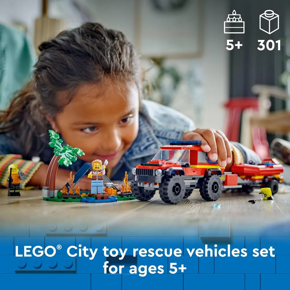 Lego City Camión de bomberos 4x4 con bote de rescate y 2 minifiguras