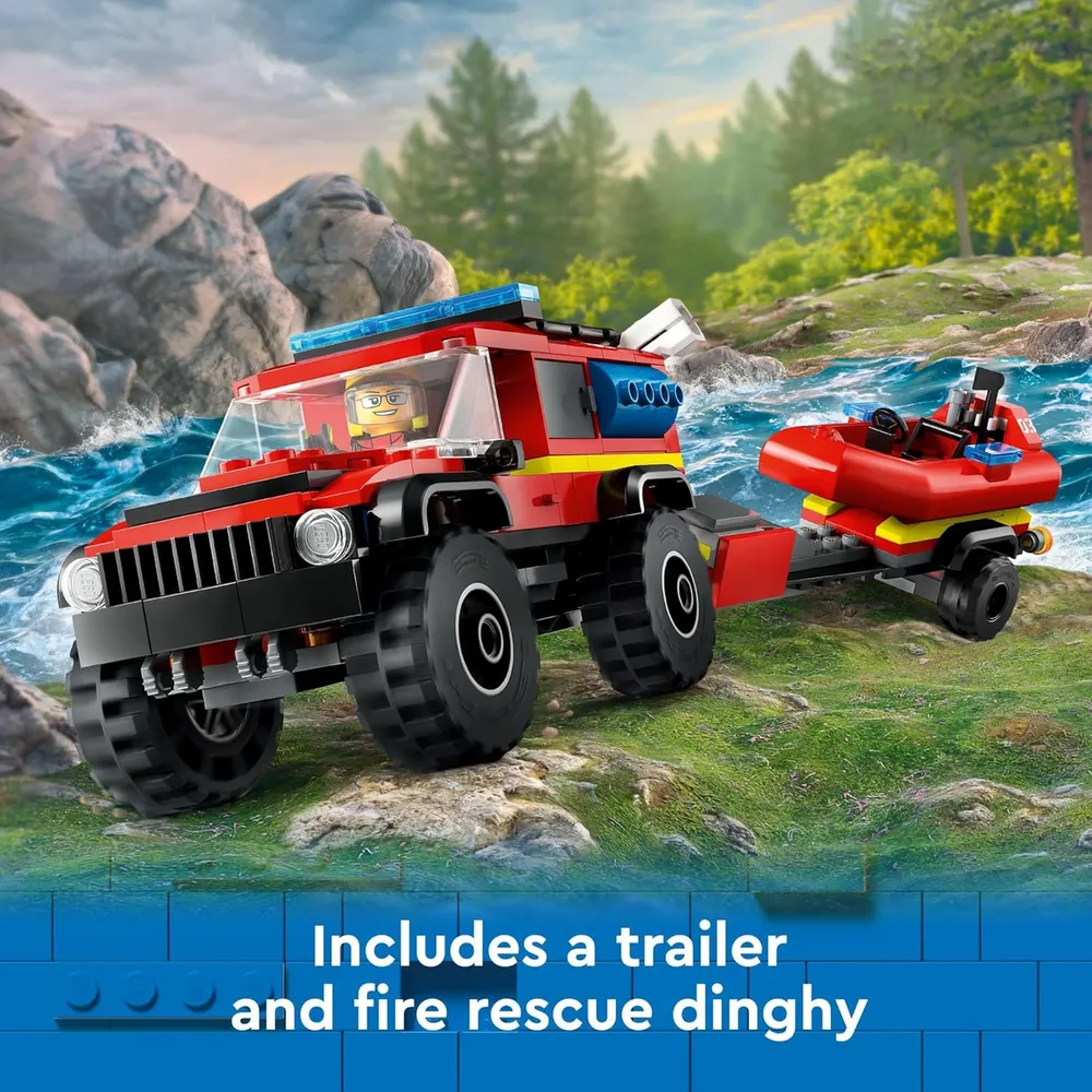 Lego City Camión de bomberos 4x4 con bote de rescate y 2 minifiguras