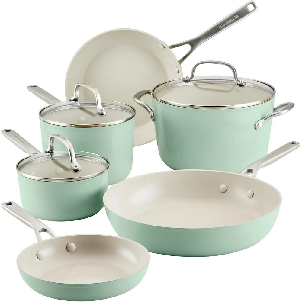 KitchenAid juego de ollas y sartenes 9 pzas, cerámica anodizada dura | Pistacho