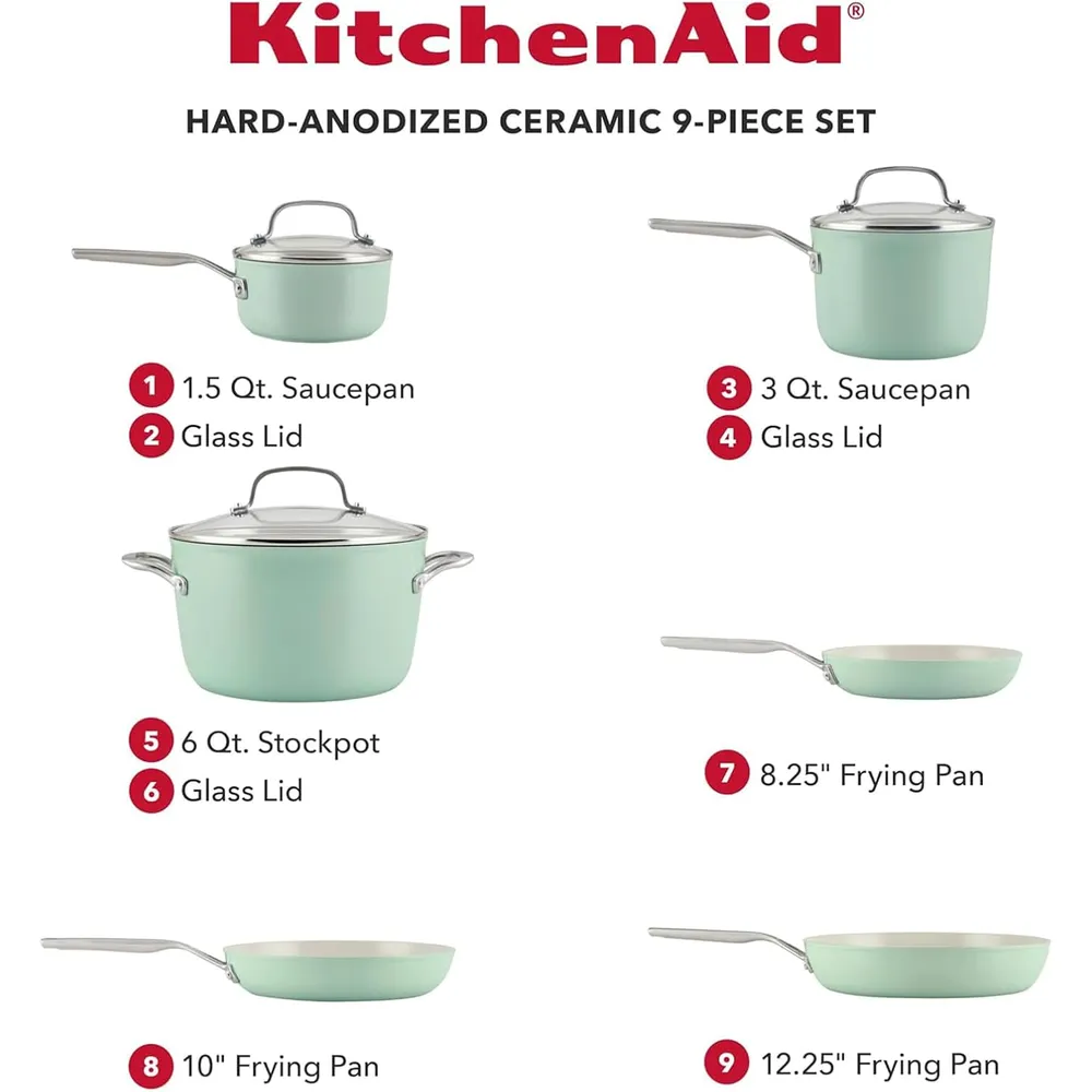 KitchenAid juego de ollas y sartenes 9 pzas, cerámica anodizada dura | Pistacho