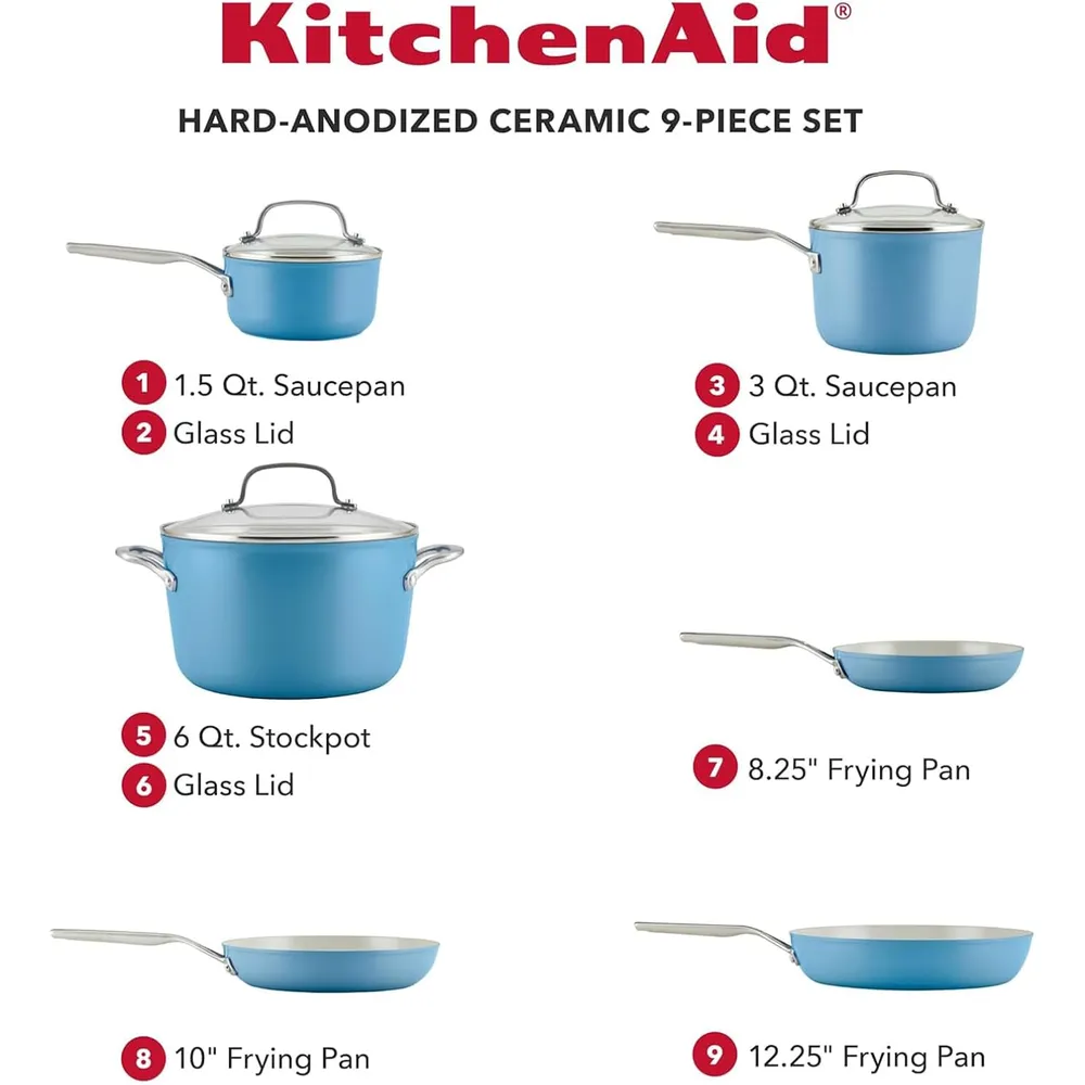 KitchenAid juego de ollas y sartenes 9 pzas, cerámica | Terciopelo azul