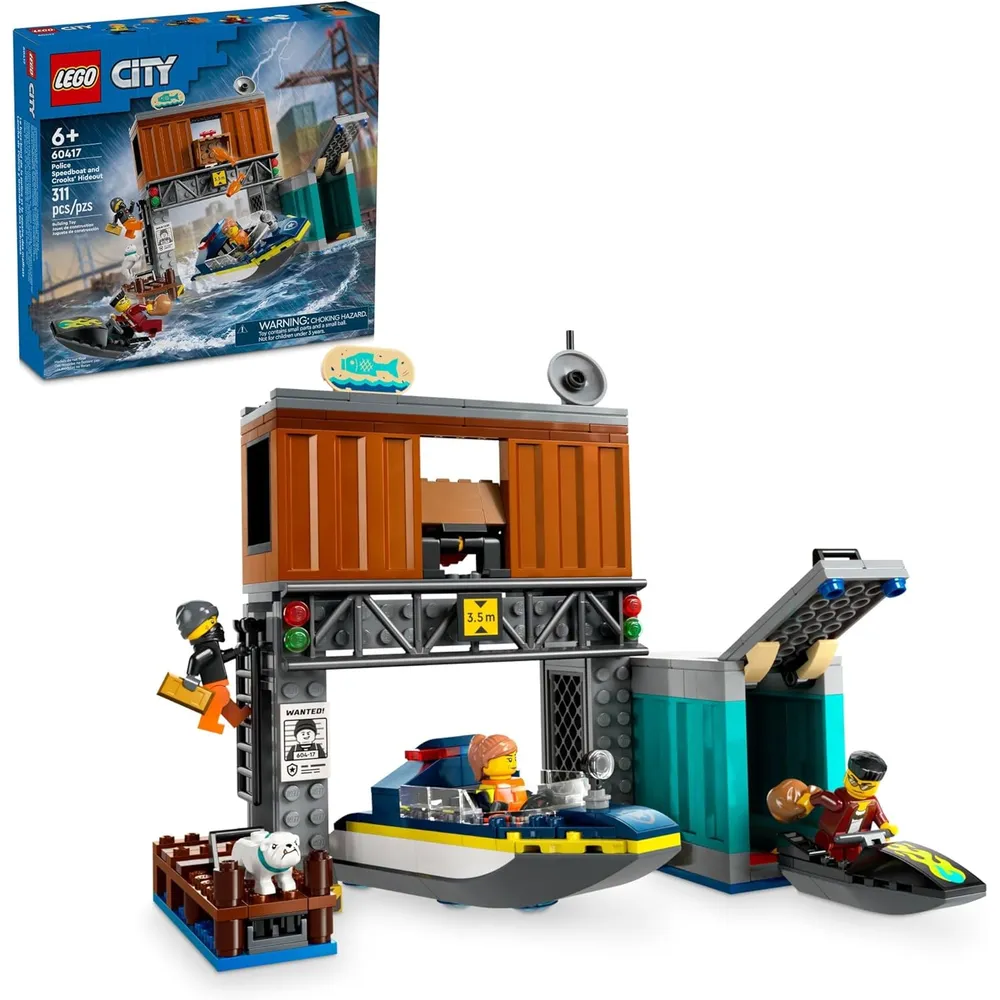 Lego City Lancha de Policía y escondite de ladrones con moto y perro