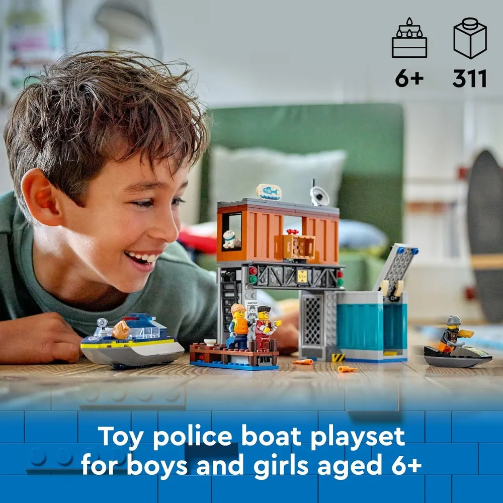 Lego City Lancha de Policía y escondite de ladrones con moto y perro