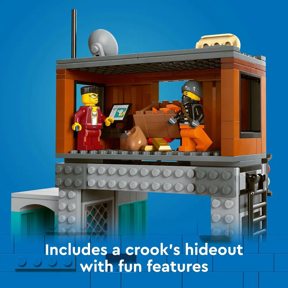 Lego City Lancha de Policía y escondite de ladrones con moto y perro