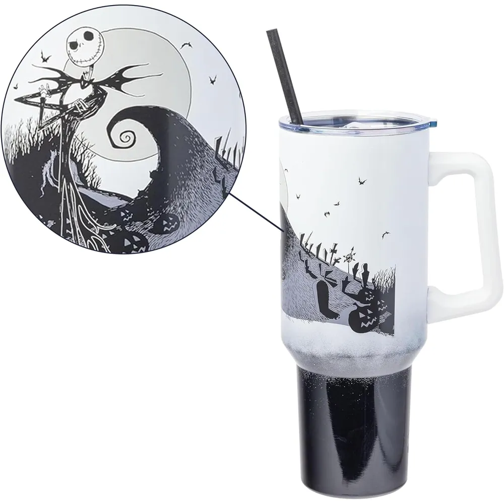 Disney | Vaso de acero inóxidable con asa y pajita de 40 OZ | Jack Black & White