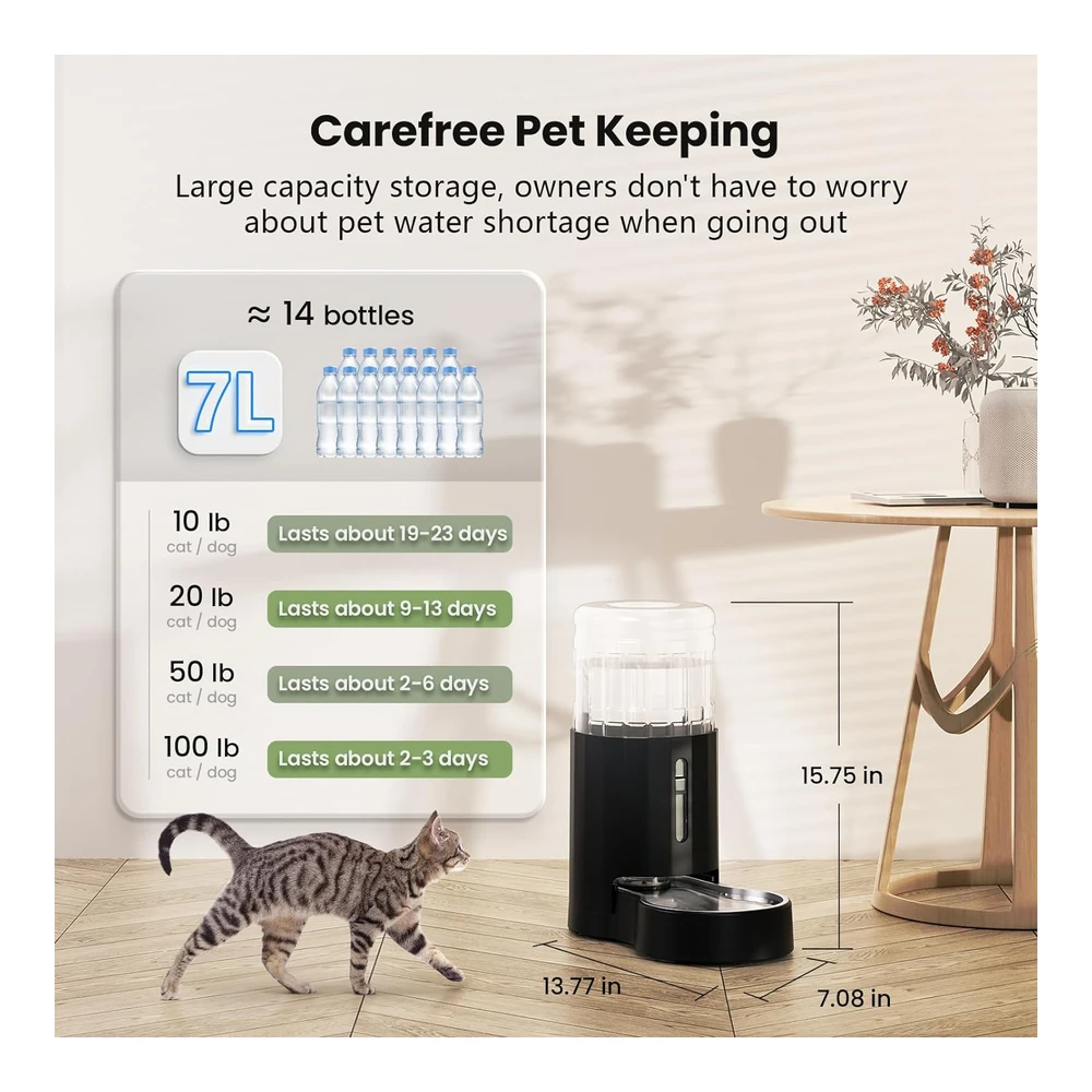 b0cjr8km2y_2.webp Czpet Dispensador Automático de Agua para Perros y Gatos de 7 Litros con Cuenco de Acero Inoxidable - Gran Capacidad y Área para Beber Sin Ruido - para Mascotas - Color Blanco (Dispensador de Agua de 7 L - Negro)