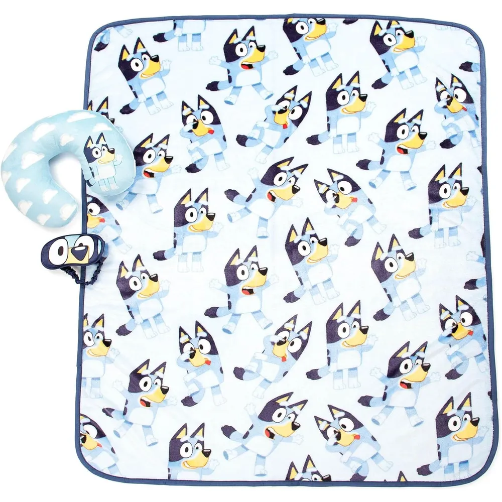 Bluey | Set de viaje infantil (Manta de 40x50 pulgadas, máscara de ojos y almohada de cuello)