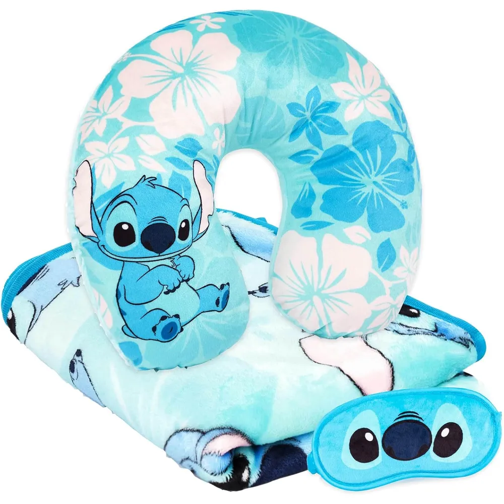 Stitch | Set de viaje infantil (Manta de 40x50 pulgadas, máscara de ojos y almohada de cuello)