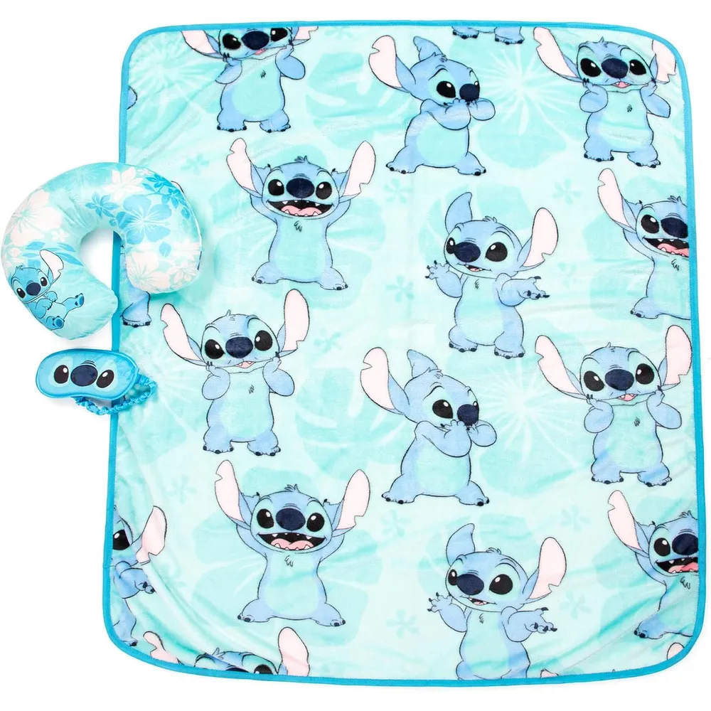 Stitch | Set de viaje infantil (Manta de 40x50 pulgadas, máscara de ojos y almohada de cuello)