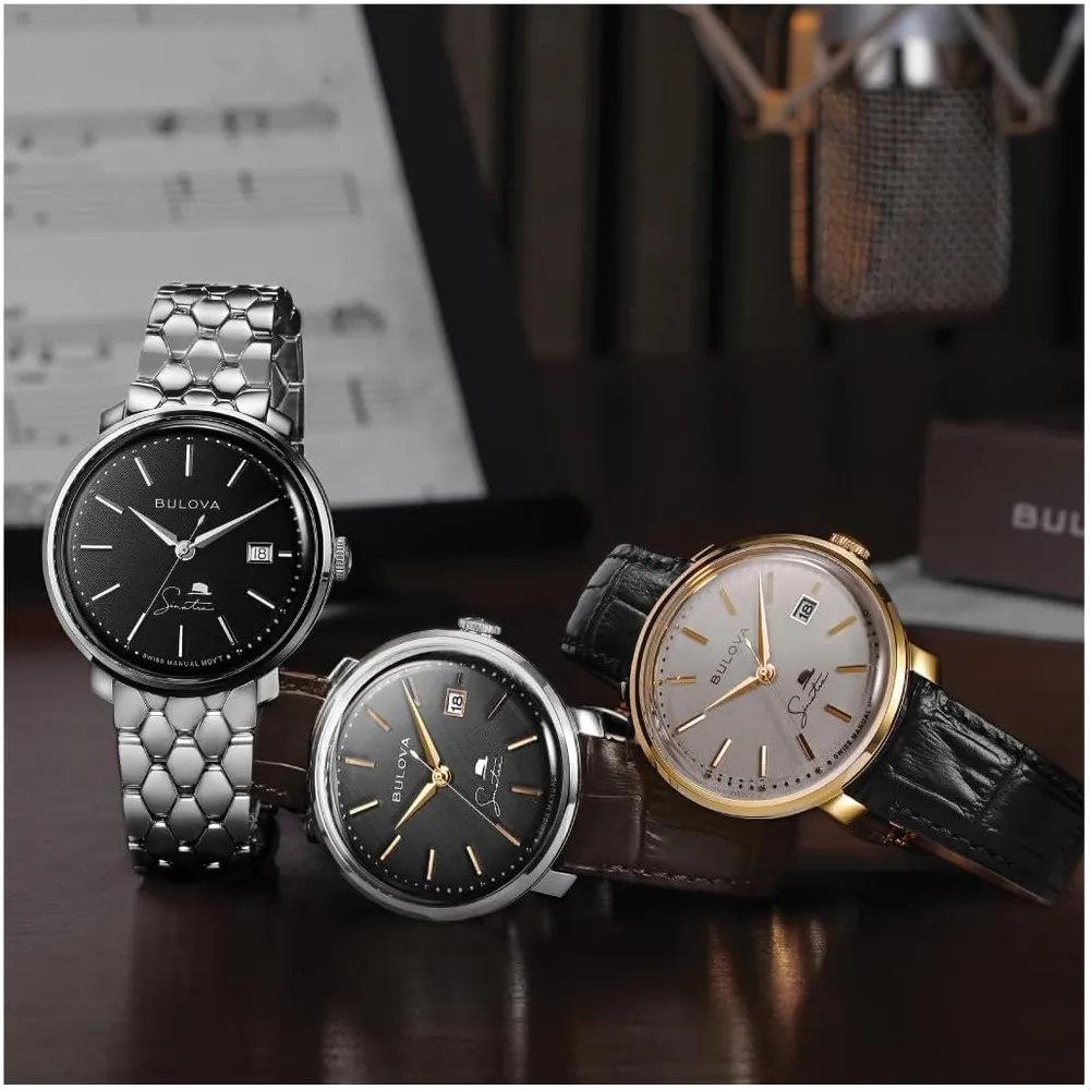 Bulova reloj Frank Sinatra hombre automático 3 agujas fecha correa cuero | Negro