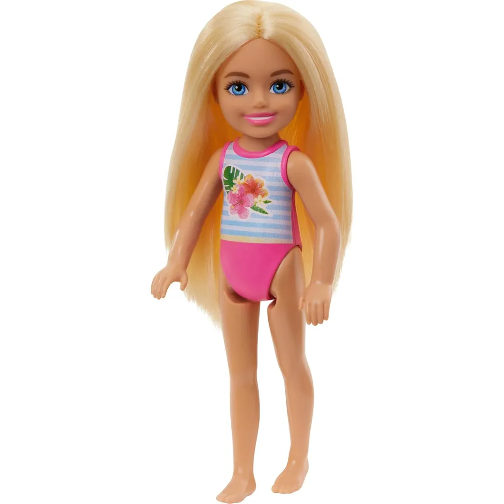 BARBIE CHELSEA MUÑECA TRAJE DE BAÑO RAYAS FLORAL RUBIA