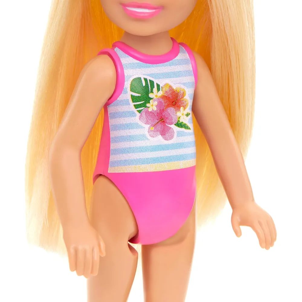 BARBIE CHELSEA MUÑECA TRAJE DE BAÑO RAYAS FLORAL RUBIA