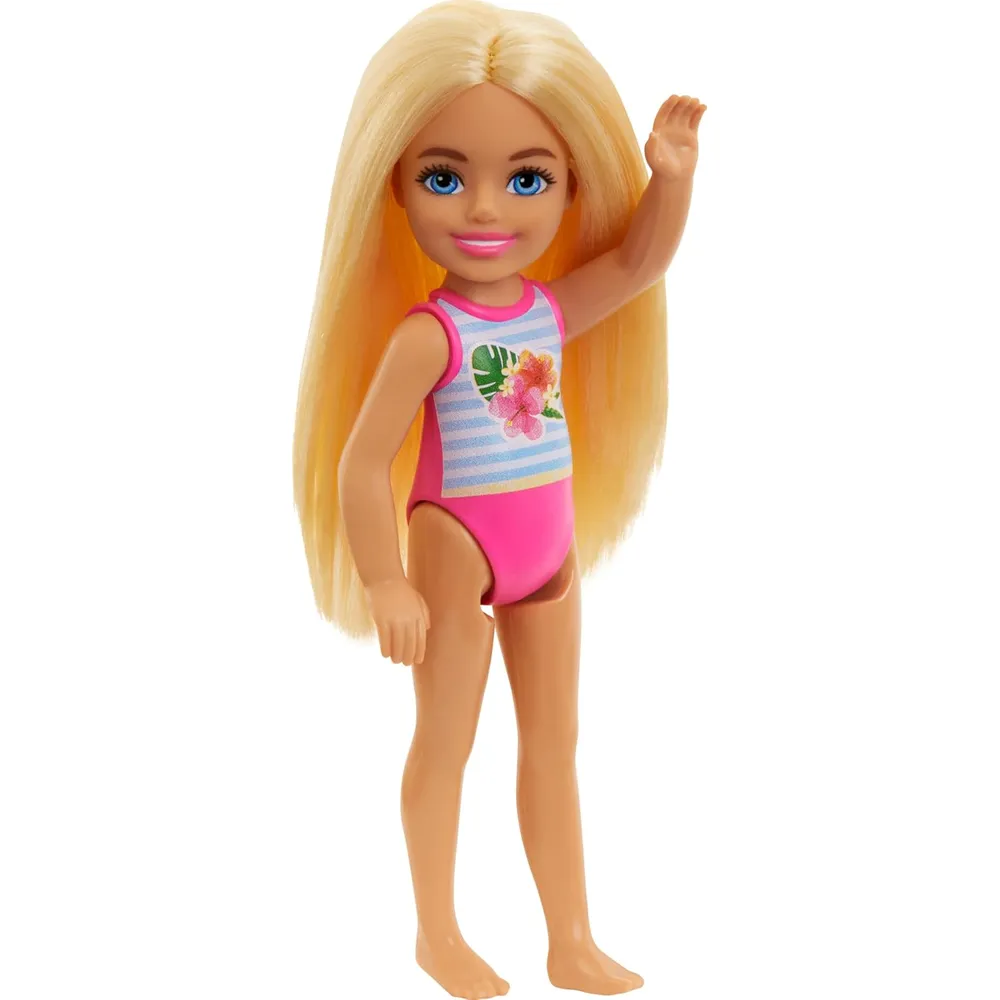 BARBIE CHELSEA MUÑECA TRAJE DE BAÑO RAYAS FLORAL RUBIA