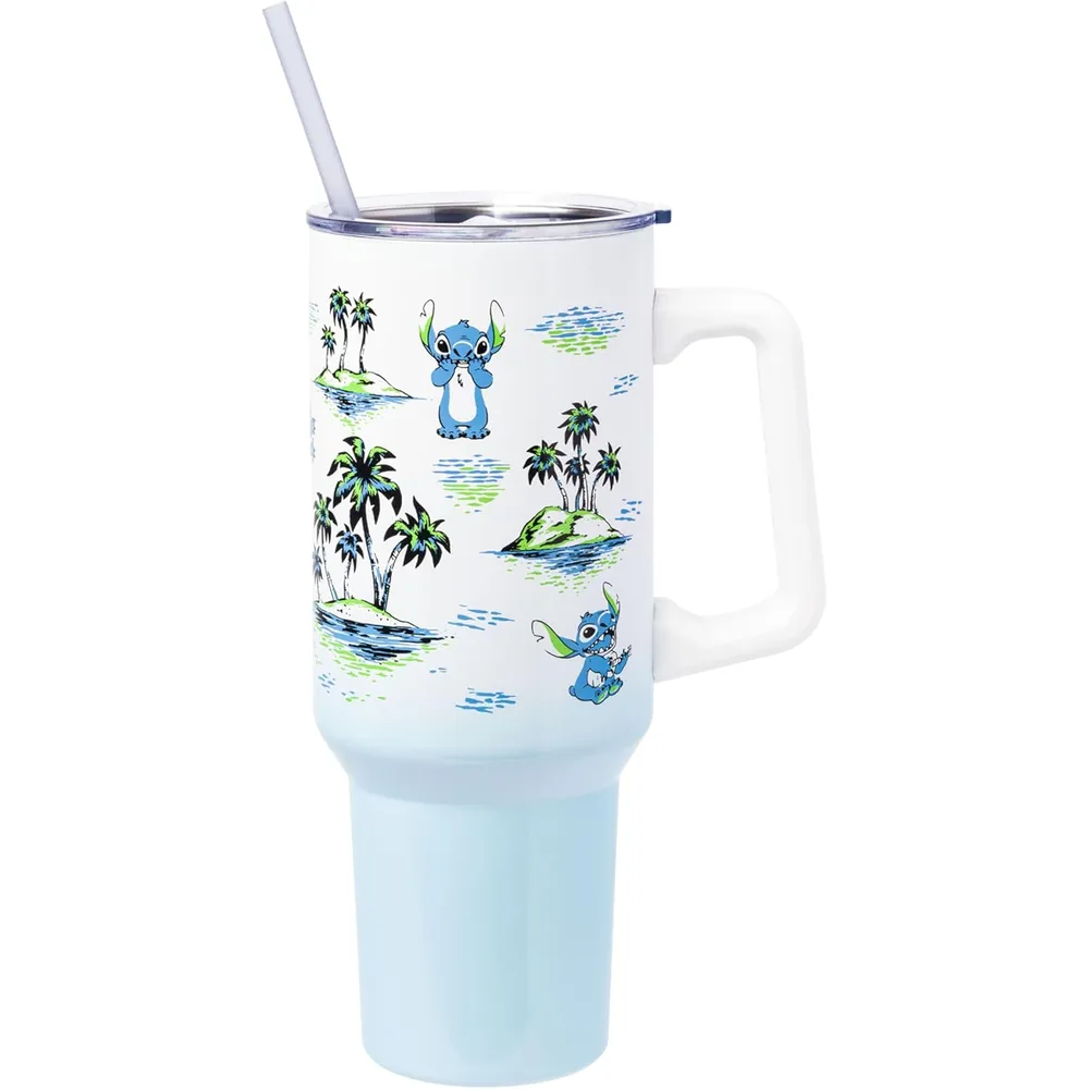 Lilo & Stitch | Vaso de acero inóxidable con asa y pajita de 40 OZ | Blanco