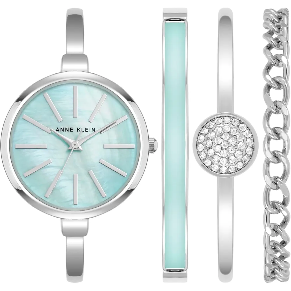 Anne Klein AK/1470GNST reloj femenino con set de pulseras | 32 mm - Plateado/Azul claro