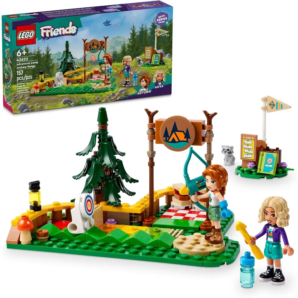 LEGO FRIENDS CAMPAMENTO DE AVENTURAS CON TIRO CON ARCO, MINI MUÑECAS Y MAPACHE