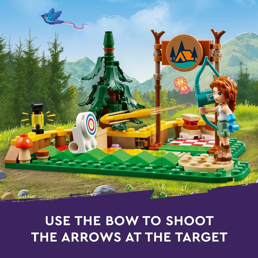 LEGO FRIENDS CAMPAMENTO DE AVENTURAS CON TIRO CON ARCO, MINI MUÑECAS Y MAPACHE