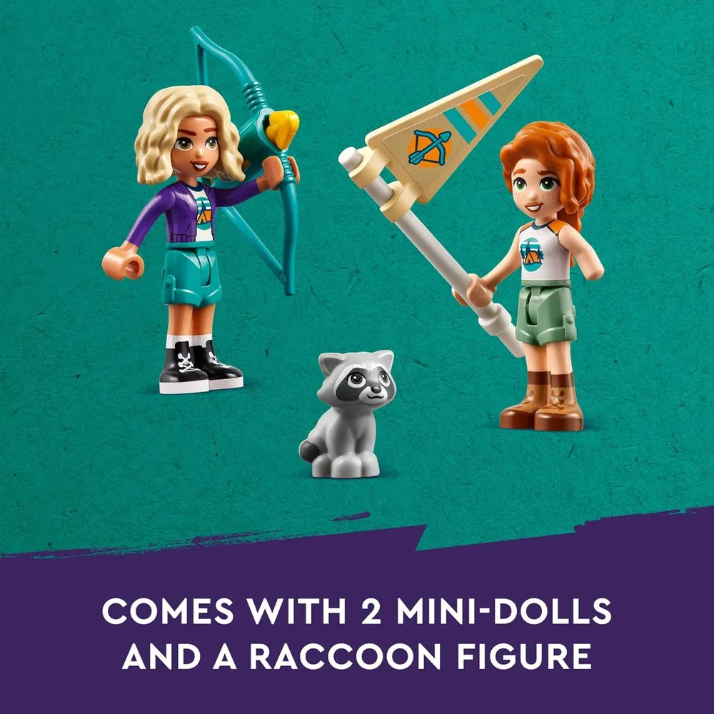 LEGO FRIENDS CAMPAMENTO DE AVENTURAS CON TIRO CON ARCO, MINI MUÑECAS Y MAPACHE