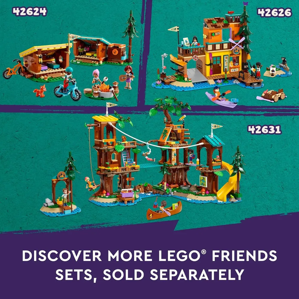 LEGO FRIENDS CAMPAMENTO DE AVENTURAS CON TIRO CON ARCO, MINI MUÑECAS Y MAPACHE