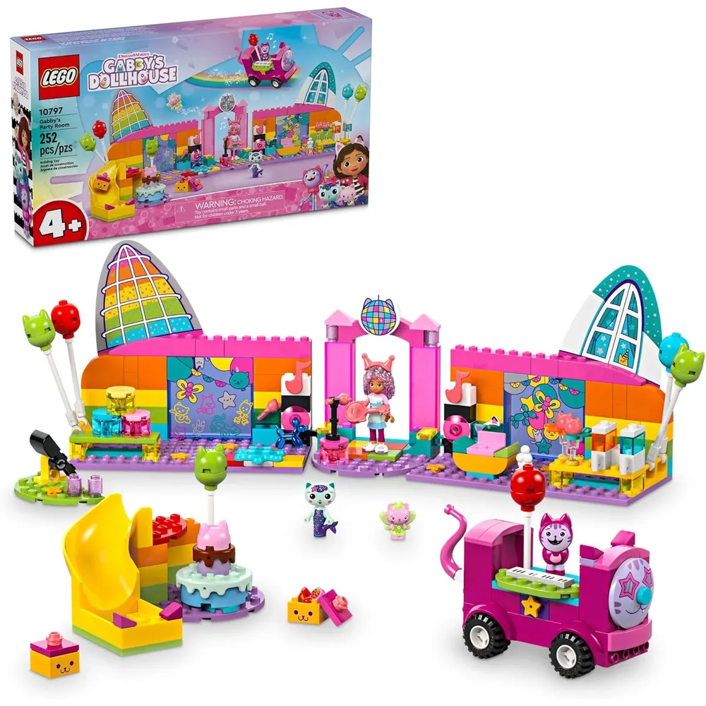 Lego Gabby's Dollhouse, sala de fiestas y discoteca con DJ, tobogán y figuras de animales