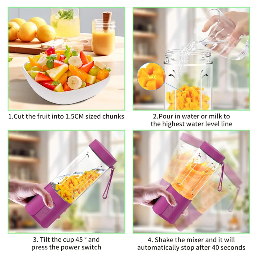 LICUADORA PORTÁTIL CON VASO DE 20OZ USB 4500MAH MORADO