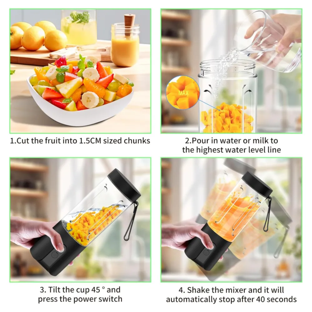 LICUADORA PORTÁTIL CON VASO DE 20OZ USB 4500MAH NEGRO
