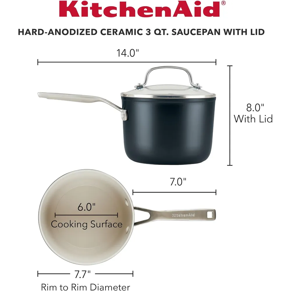 KitchenAid sartén cerámica anodizada dura 3 qt / 2.8 l con tapa | Negro mate