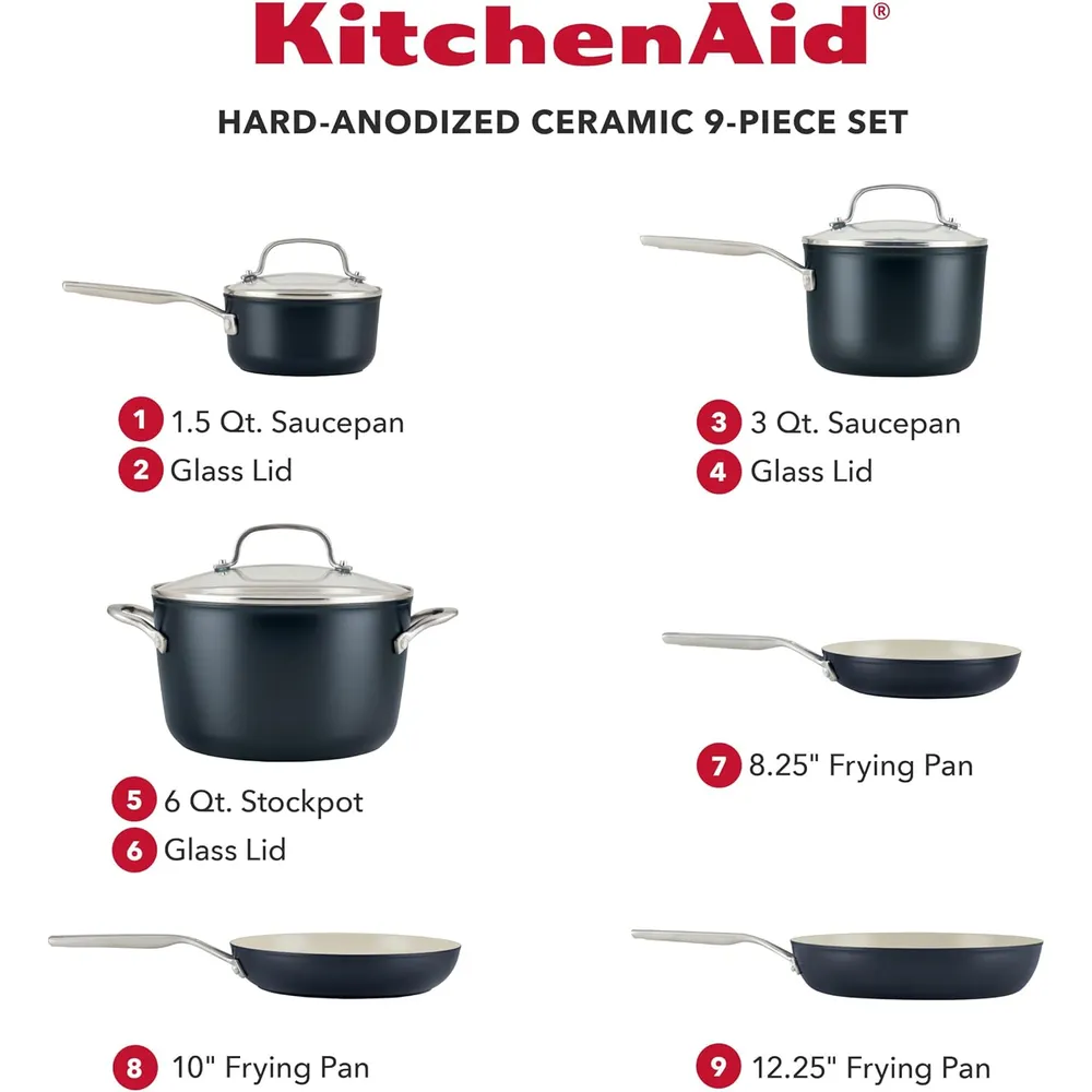 KitchenAid juego ollas y sartenes cerámica anodizada dura 9 piezas | Negro mate