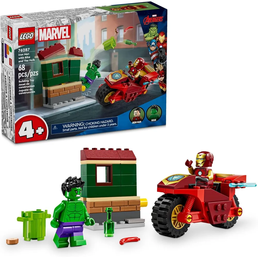Lego Marvel Iron Man con moto y Hulk, set coleccionable con 2 minifiguras
