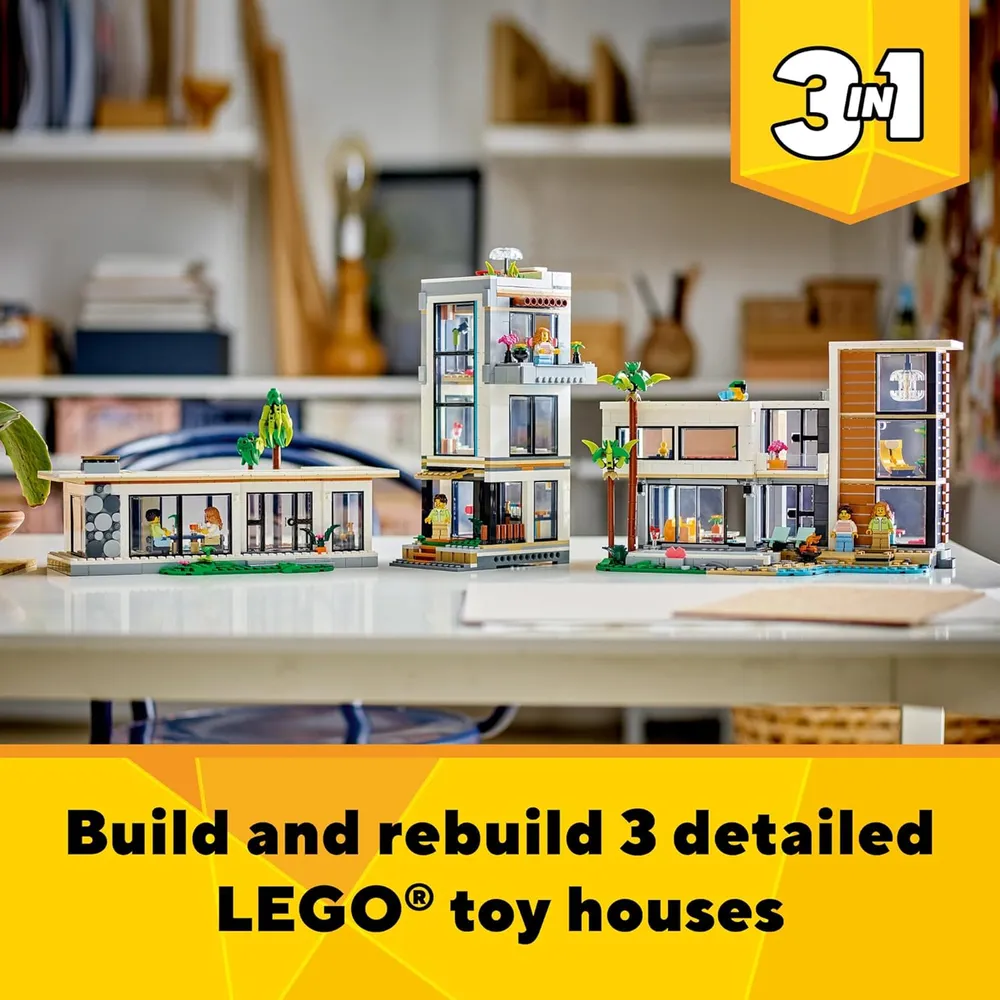 Lego Creator 3 en 1 Casa Moderna, set de construcción con 3 opciones y 2 figuras