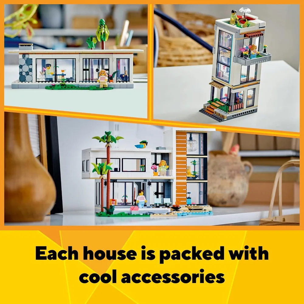 Lego Creator 3 en 1 Casa Moderna, set de construcción con 3 opciones y 2 figuras
