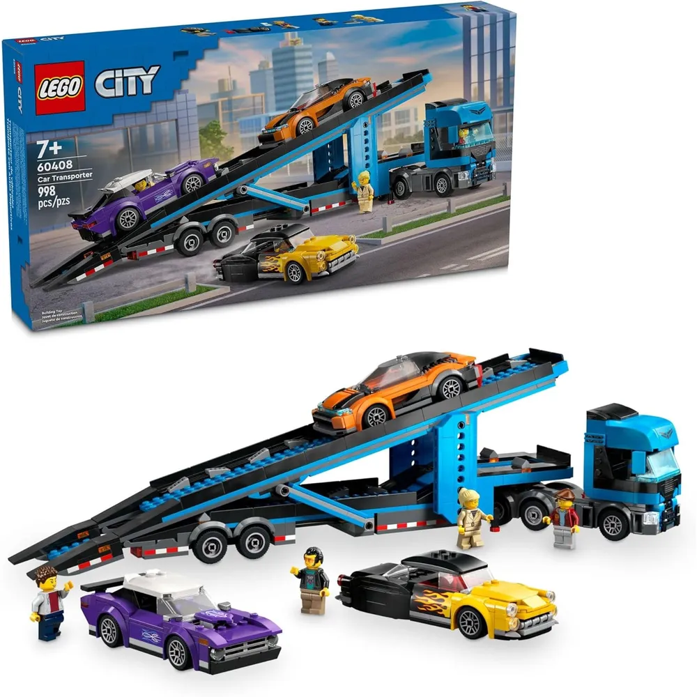 Camión portacoches Lego City con coches deportivos, semirremolque