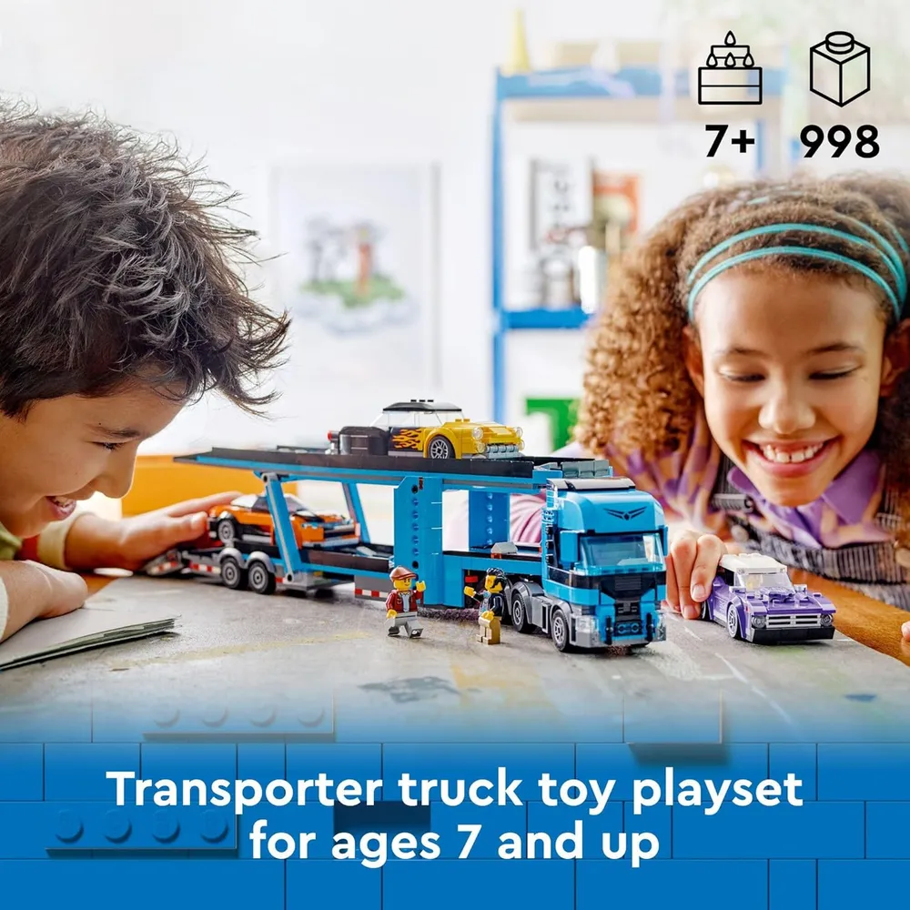 Camión portacoches Lego City con coches deportivos, semirremolque