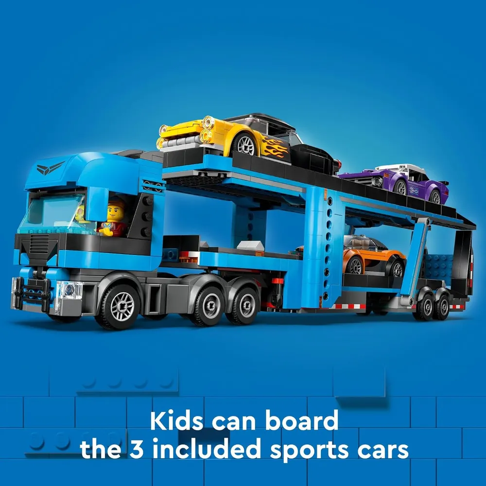 Camión portacoches Lego City con coches deportivos, semirremolque