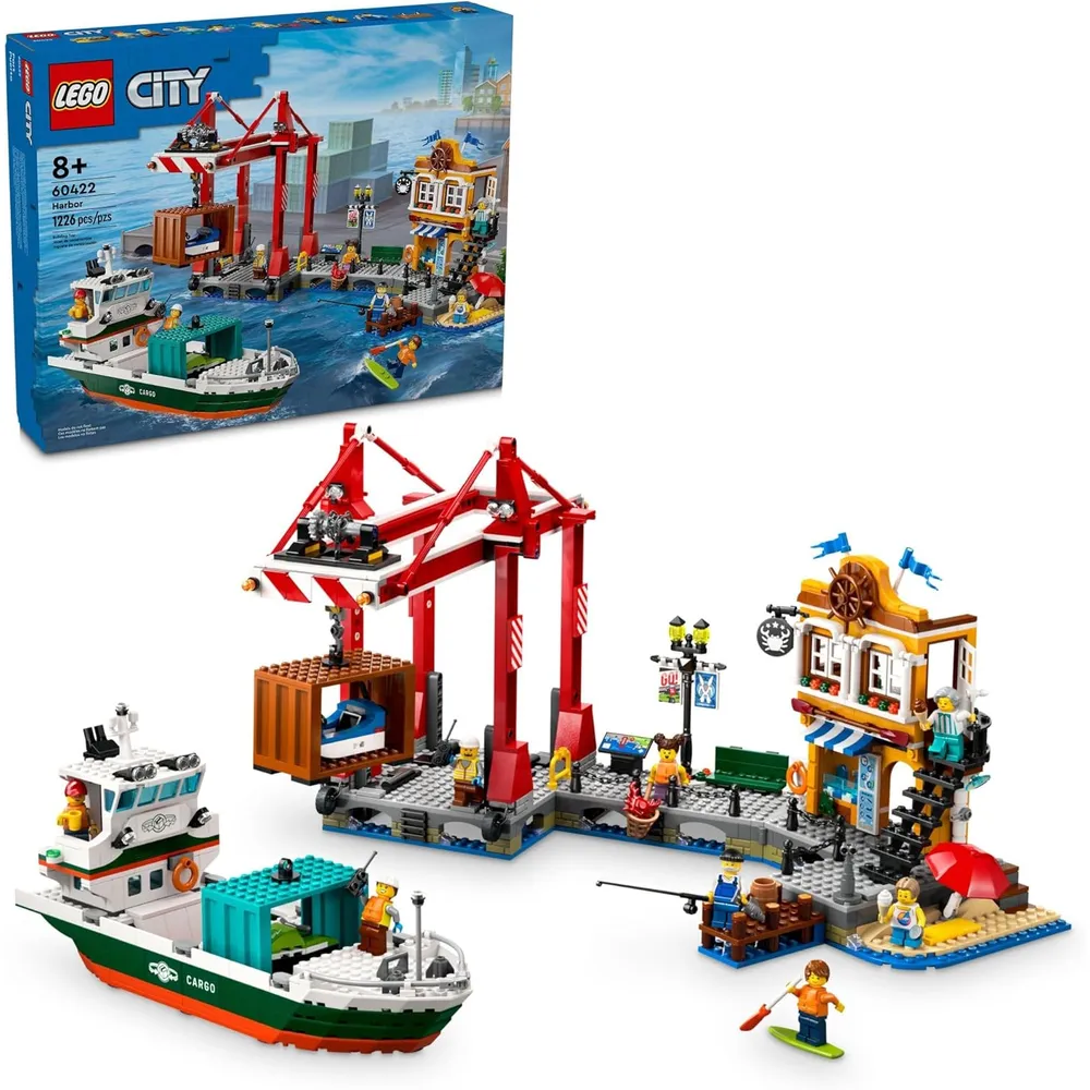 Puerto costero Lego City con barco de carga, grúa y 8 minifiguras