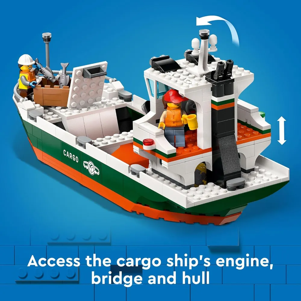 Puerto costero Lego City con barco de carga, grúa y 8 minifiguras