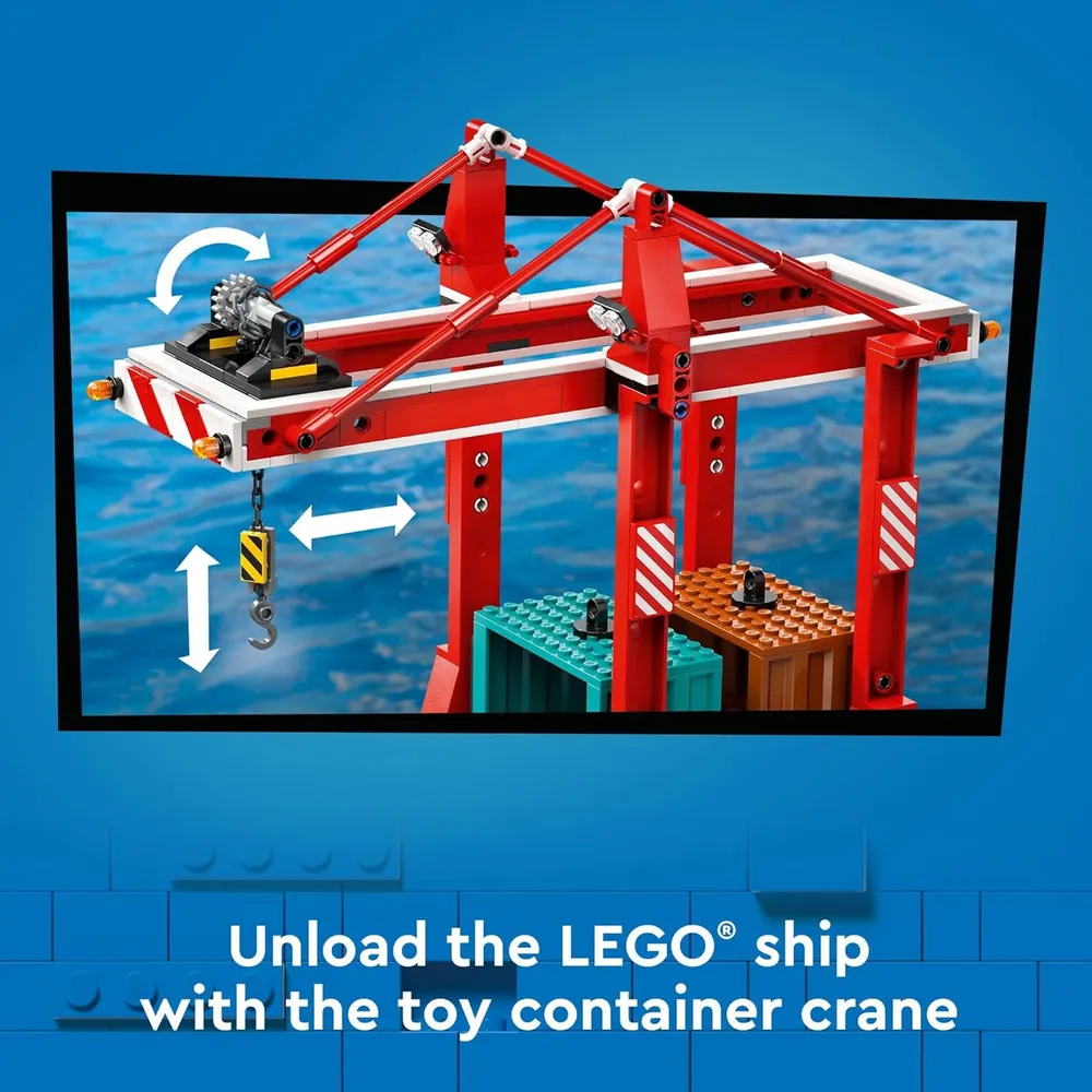 Puerto costero Lego City con barco de carga, grúa y 8 minifiguras