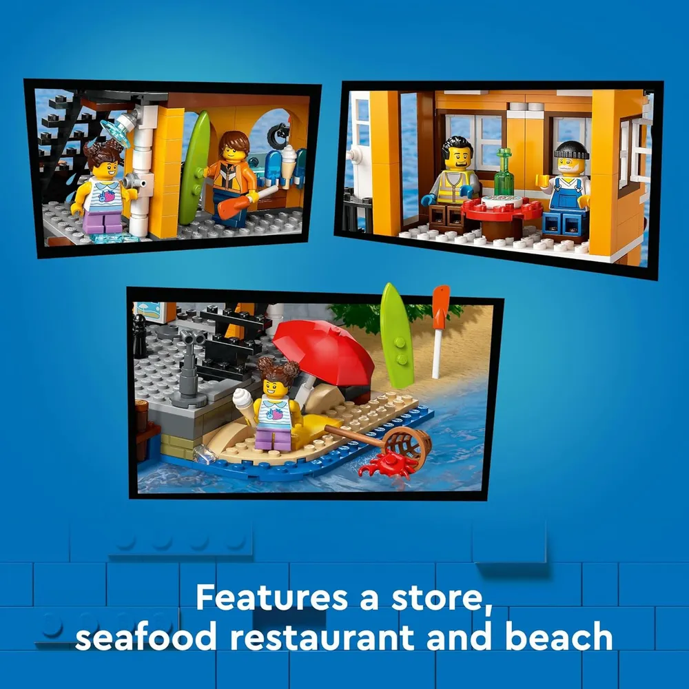 Puerto costero Lego City con barco de carga, grúa y 8 minifiguras
