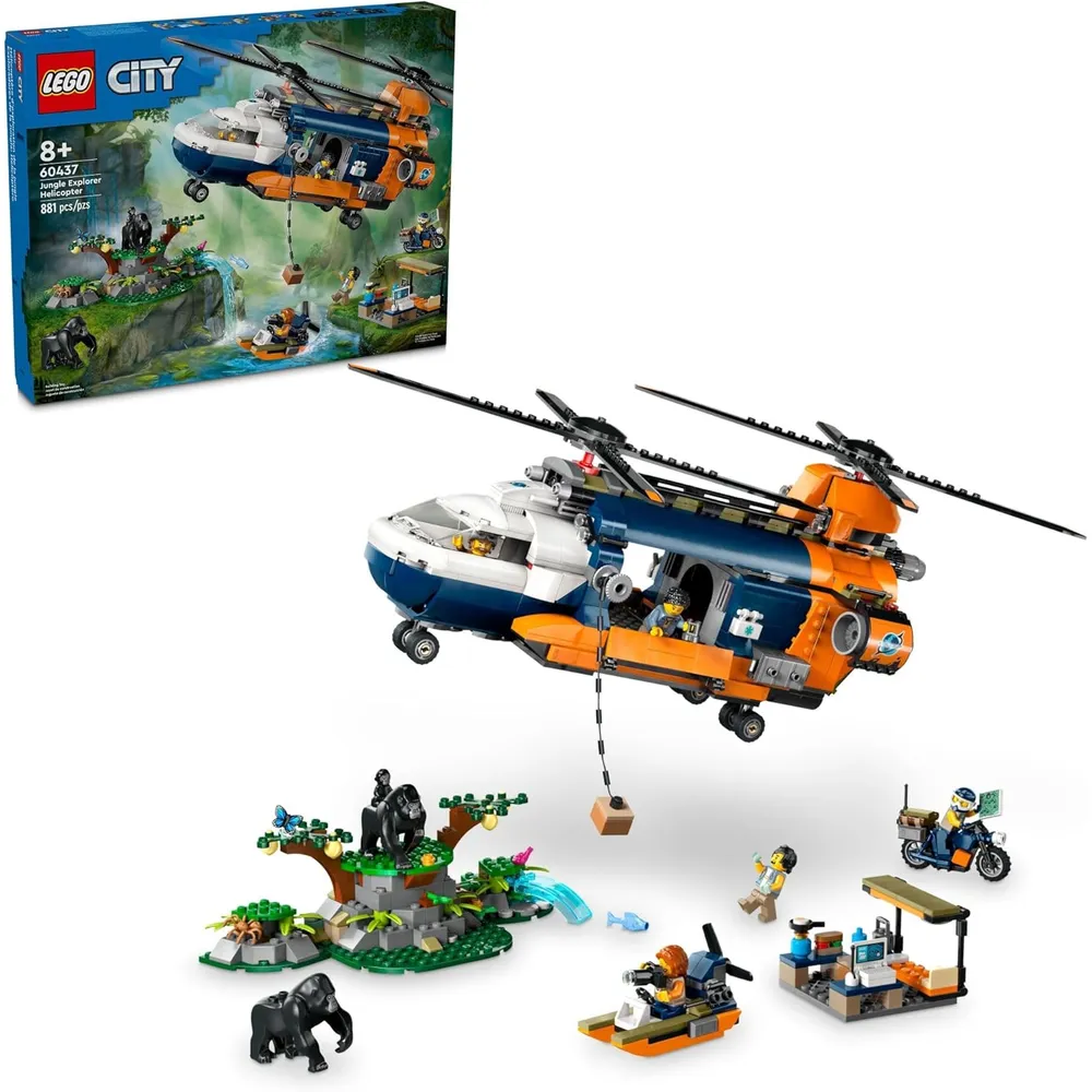 Helicóptero explorador de la jungla Lego City con 5 minifiguras y gorilas