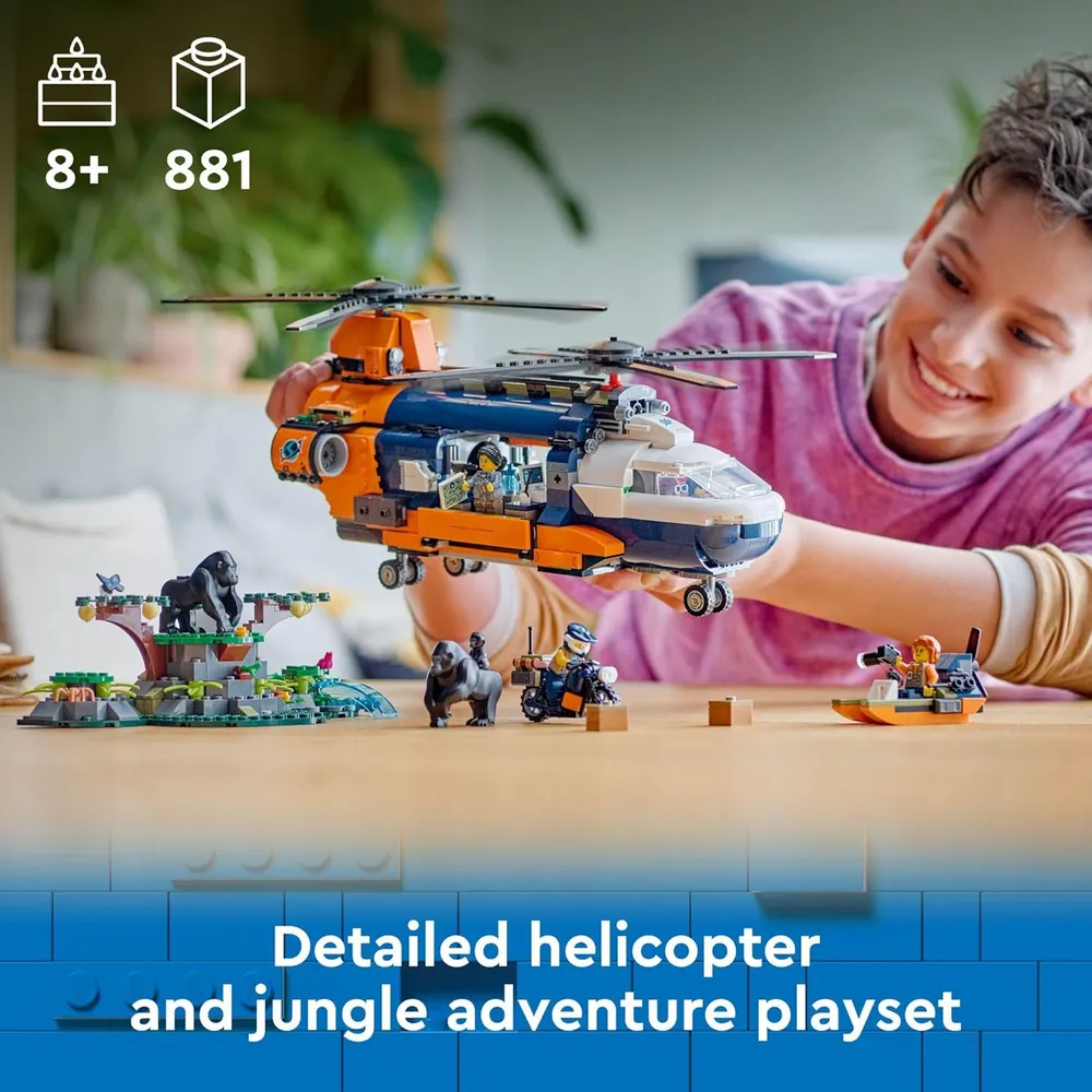 Helicóptero explorador de la jungla Lego City con 5 minifiguras y gorilas