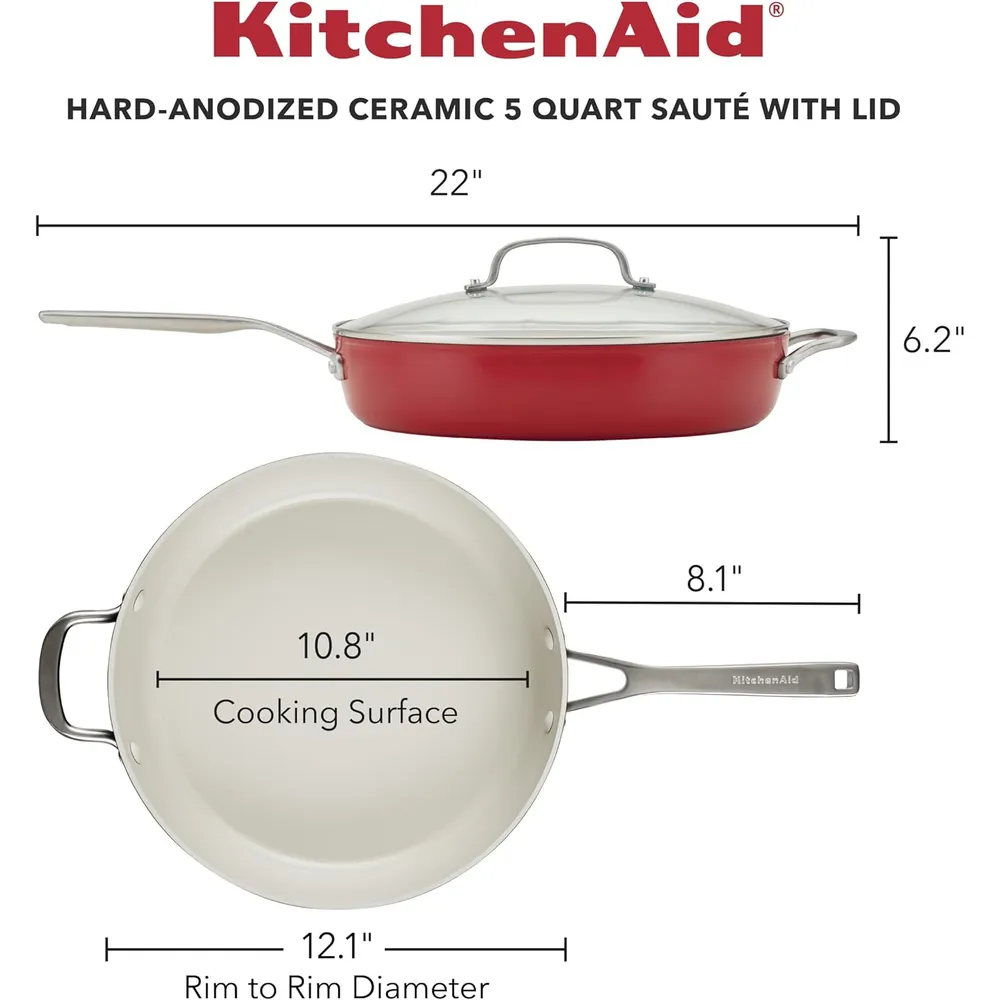 KitchenAid sartén cerámica anodizada dura 5 qt / 4.7 l con tapa | Rojo imperio