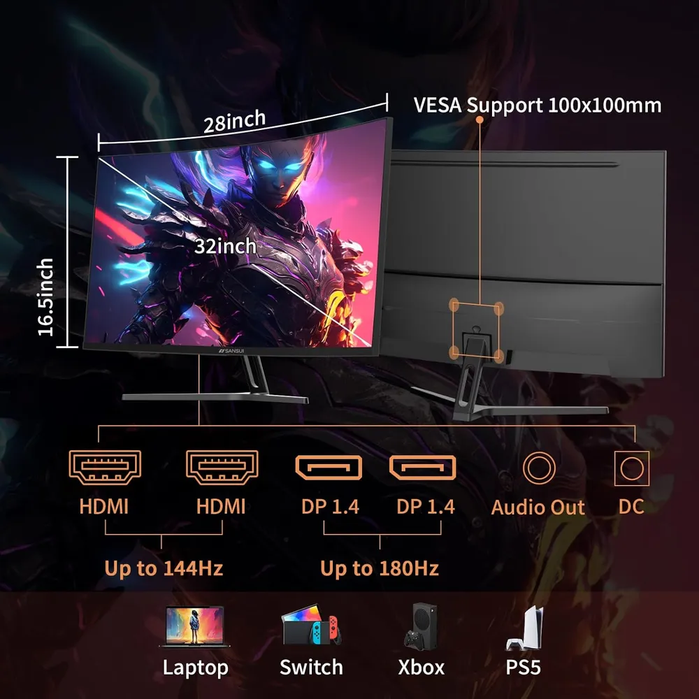 Sansui 32" WQHD 180 Hz Curvo 1500R 1 ms VA FreeSync HDR VESA