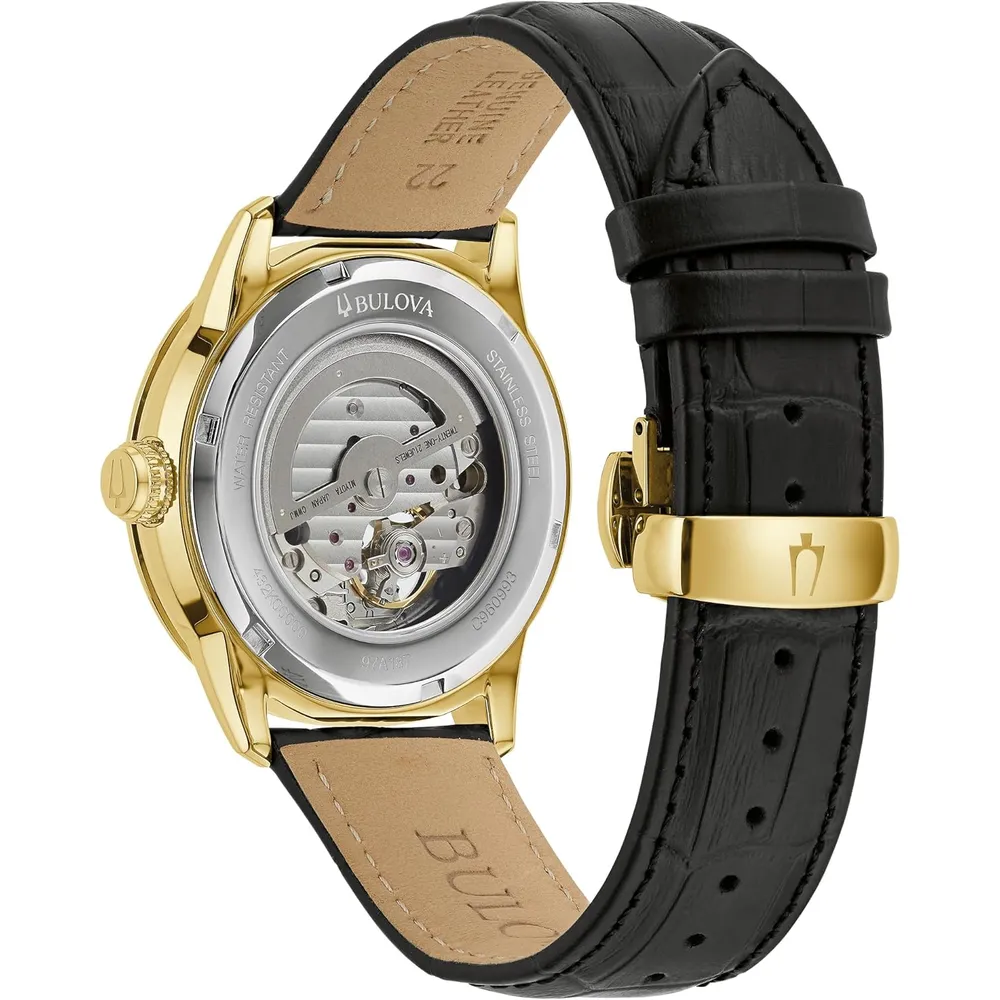 Bulova reloj Sutton hombre automático 4 agujas subesfera 24h fondo transparente | Oro/Negro