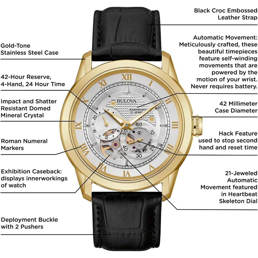 Bulova reloj Sutton hombre automático 4 agujas subesfera 24h fondo transparente | Oro/Negro
