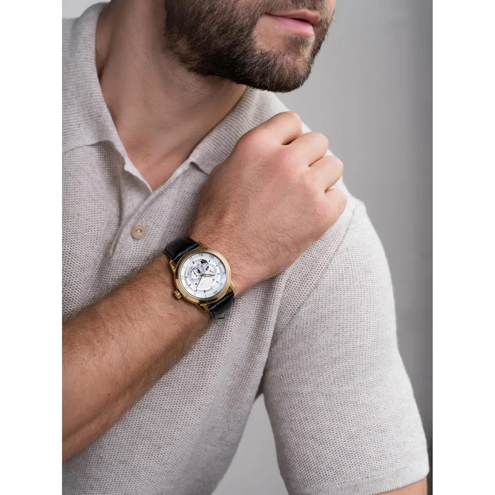 Bulova reloj Sutton hombre automático 4 agujas subesfera 24h fondo transparente | Oro/Negro