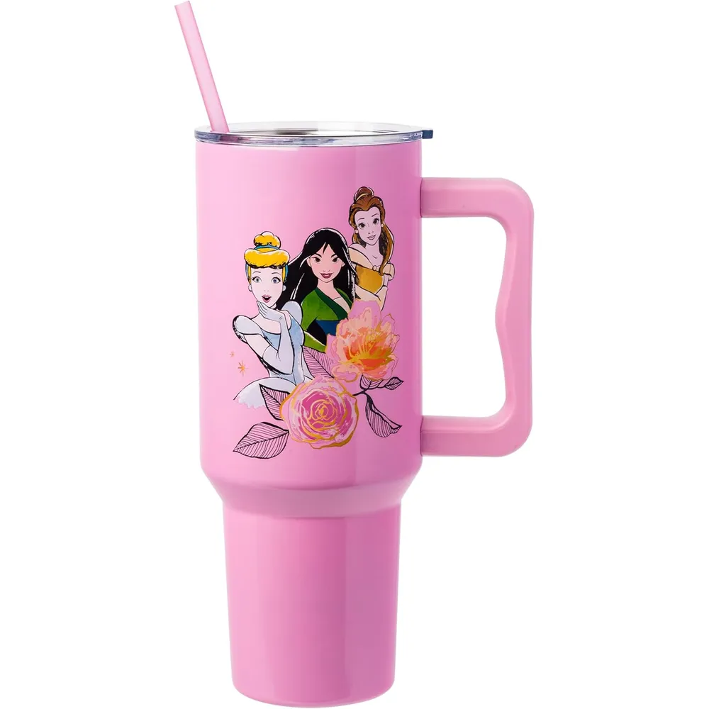 Disney | Vaso de acero inóxidable con asa y pajita de 40 OZ | Princes Pink