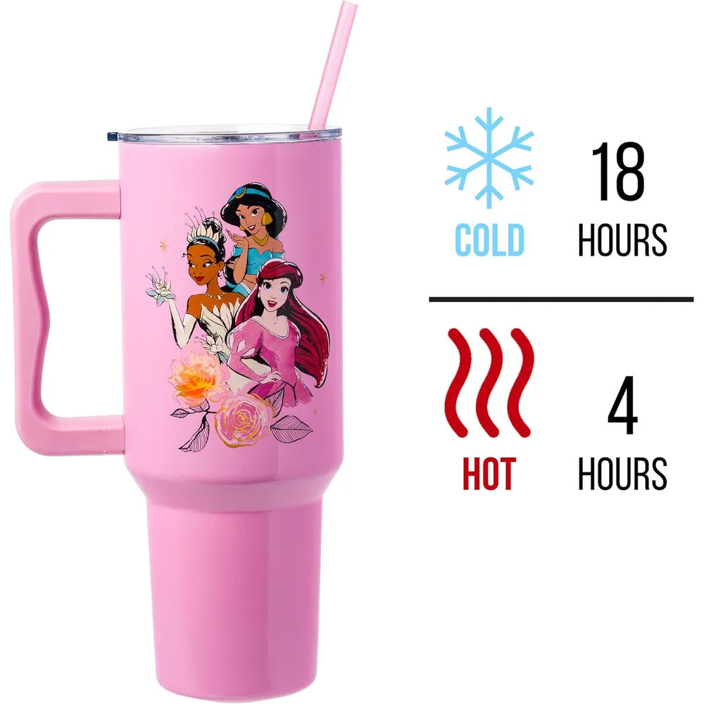 Disney | Vaso de acero inóxidable con asa y pajita de 40 OZ | Princes Pink
