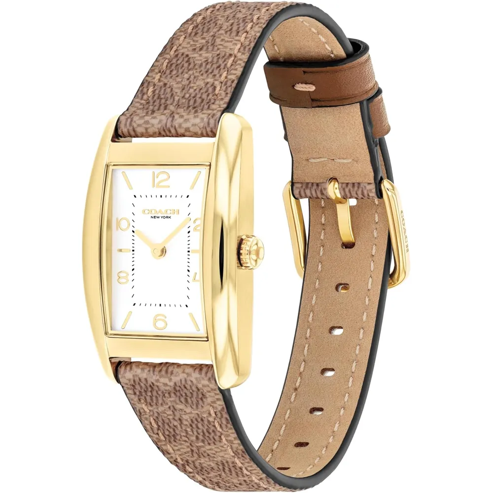 COACH Reloj Reese de cuarzo 2H con correa de cuero Resistente al agua 3 ATM-30 Metros | Oro - Marron