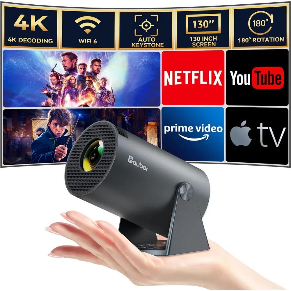 PROYECTOR MINI AUBOR CON WIFI Y BLUETOOTH, 1080P FULL HD COMPATIBLE CON 4K, 10000 LÚMENES, PANTALLA DE 130"