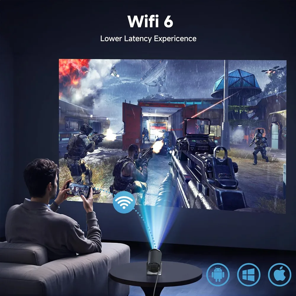PROYECTOR MINI AUBOR CON WIFI Y BLUETOOTH, 1080P FULL HD COMPATIBLE CON 4K, 10000 LÚMENES, PANTALLA DE 130"